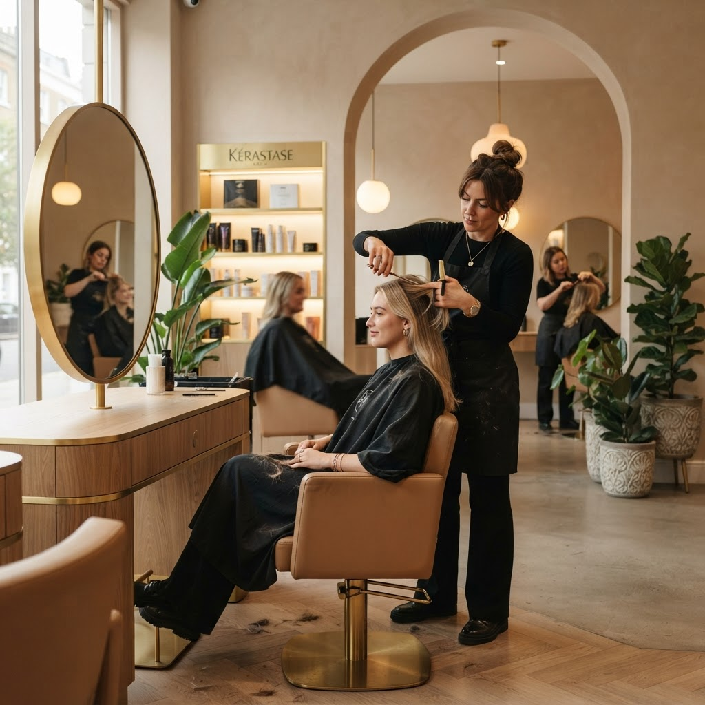 Friseurin schneidet einer Kundin die Haare in einem hellen, modernen Salon